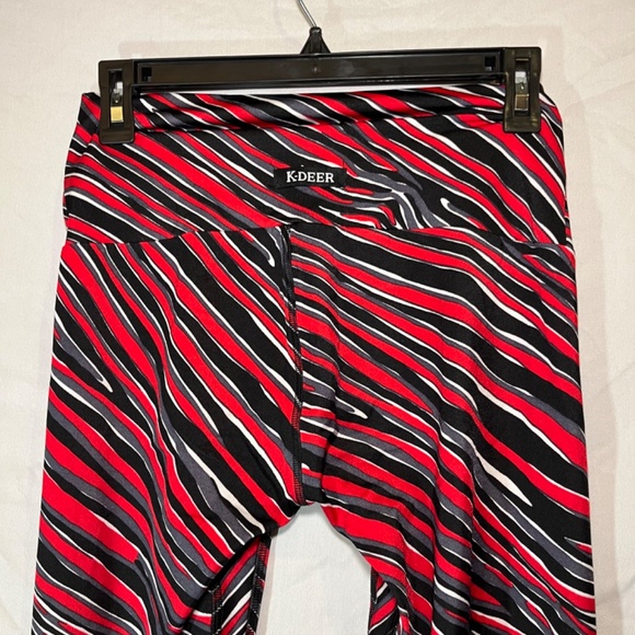 K-Deer Leggings Womens Large Red/Black/White Stripe High Waisted Rise Stretch - Picture 4 of 6
